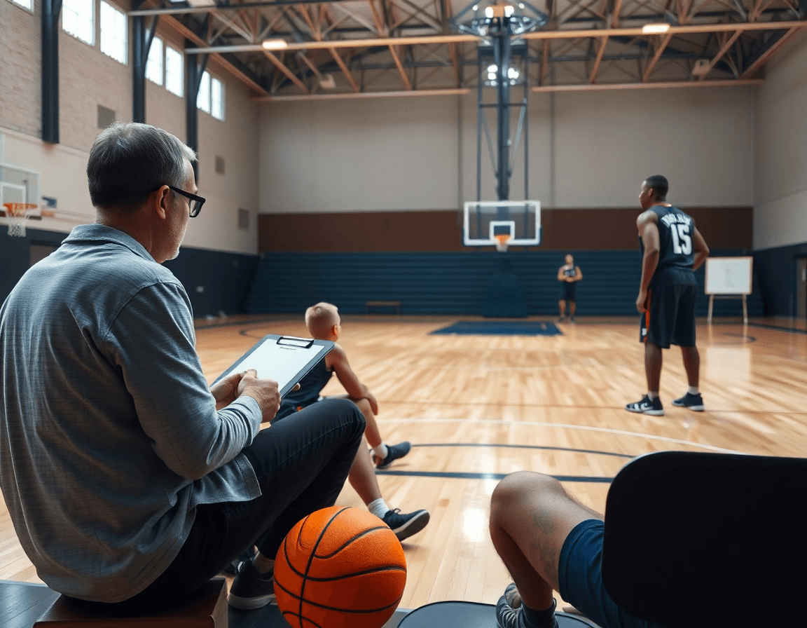 Comment analyser un match de basket: entraineur et joueurs autour d'un tableau blanc en gym.