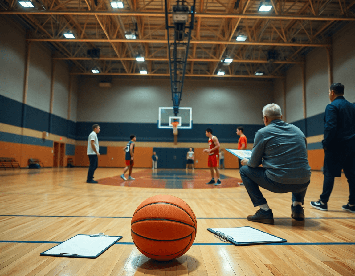 Comment analyser un match de basket: scout observe les clips et l equipe sur le terrain.