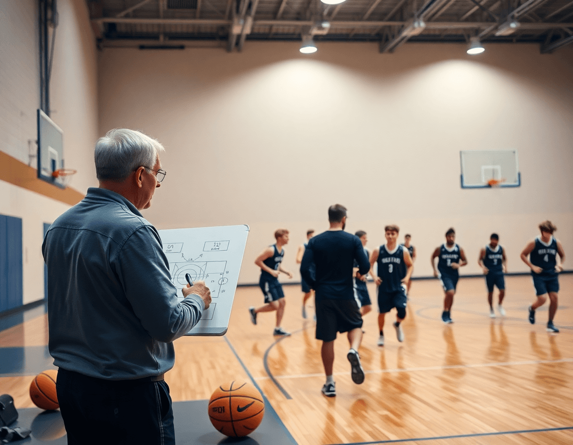 Comment analyser un match de basket: scene de gym avec l entraineur et l equipe pendant l entrainement.