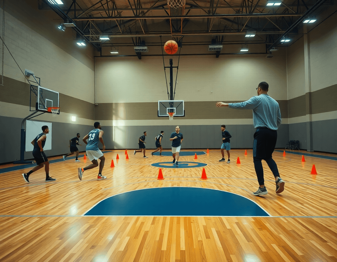 Plans serrés d'un drill de basketball sur le court, coach guidant les joueurs et la balle orange.