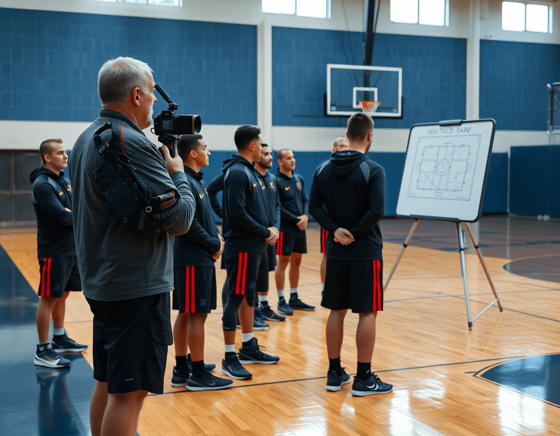 Le coach dessine une tactique sur le whiteboard pendant que les joueurs regardent attentivement.