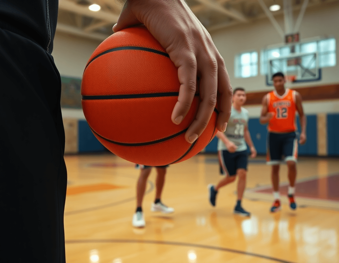 Gros plan sur les mains tenant un orange basketball, le parquet et l'éclairage du gymnase en arrière-plan.