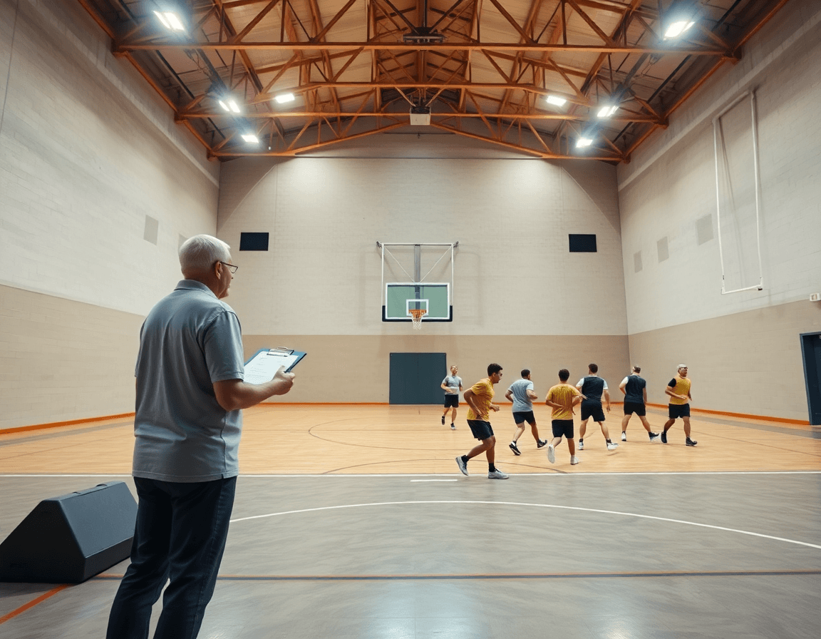 Vue d'ensemble d'un entraineur basket guidant une séance dans un gymnase vibrant.