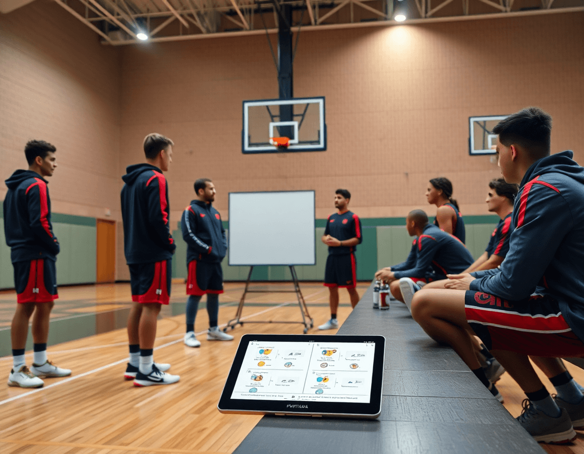 Coach devant un whiteboard, tablette affichant le playbook basketball pdf, entouré de joueurs.