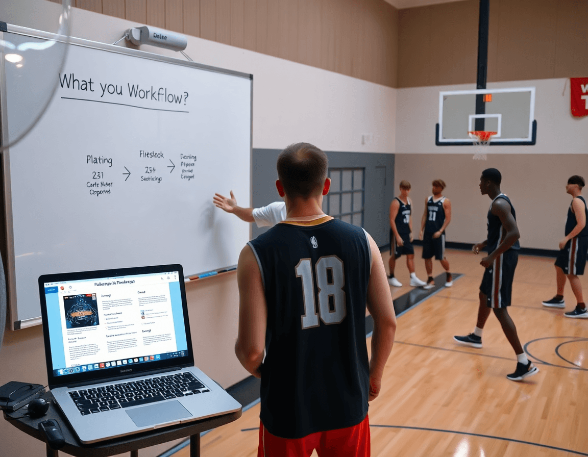 Coach montre le processus en 5 étapes, playbook basketball pdf sur laptop, joueurs en arrière.
