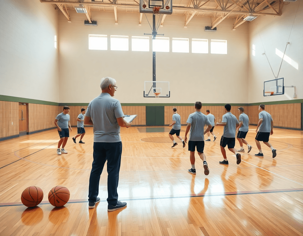 Vue large d'un gymnase de basketball avec l'entraîneur et l'équipe, montrant le playbook basketball pdf.