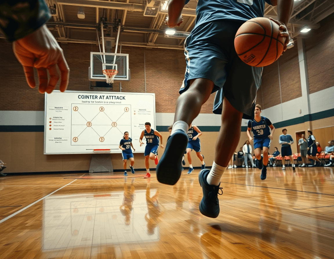 Plan serré sur le coach qui explique une contre attaque basket en anglais pendant l'entraînement.