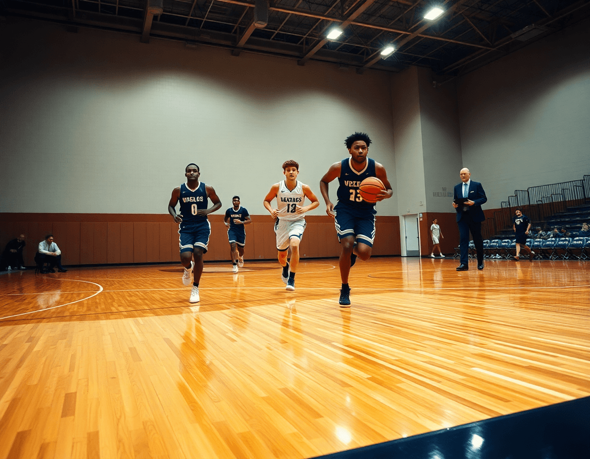 Gros plan sur les mains et la balle de basketball pendant une contre attaque basket en anglais.