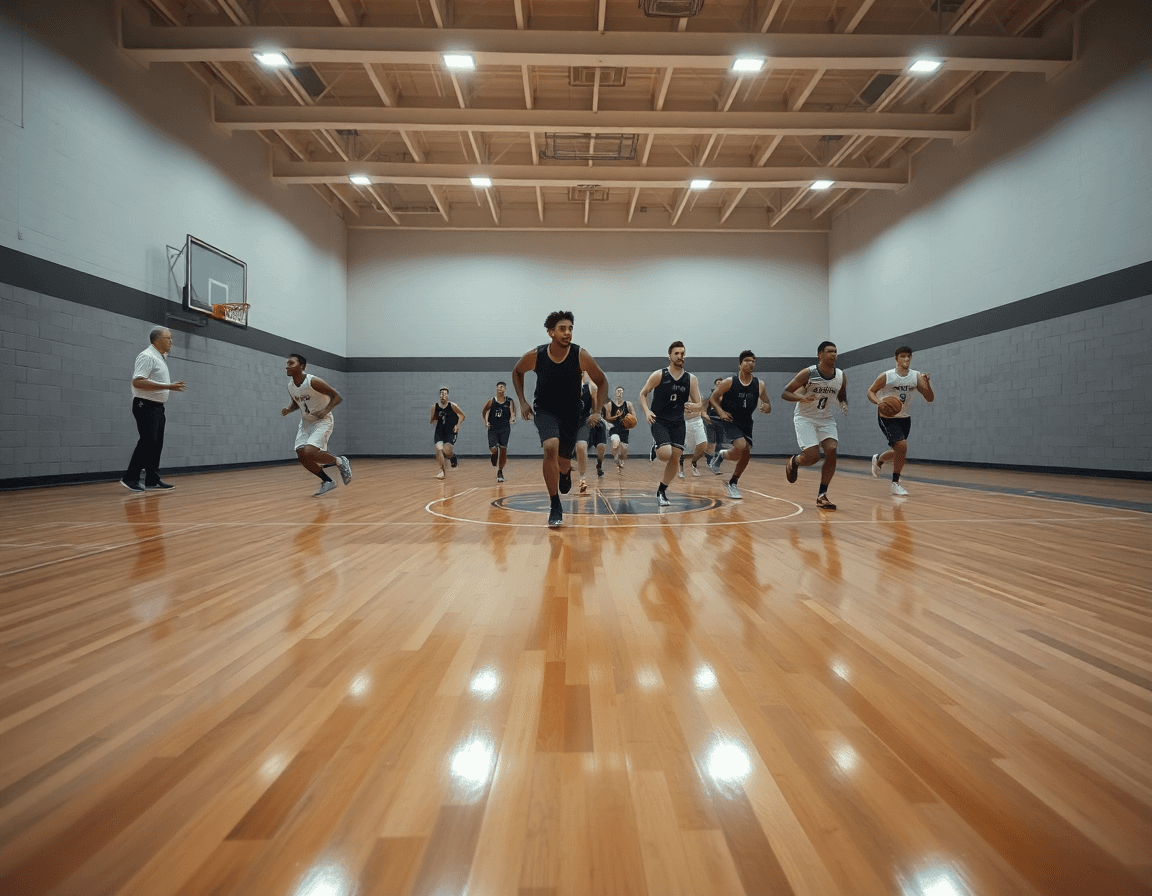 Plan large montrant une contre attaque basket en anglais en action sur le terrain.