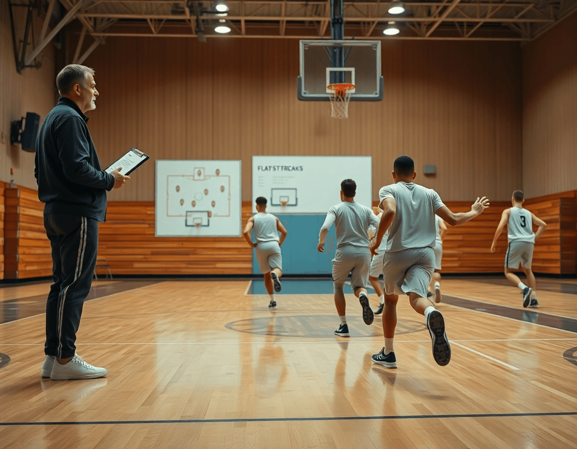 contre attaque basket en anglais expliqué par l'entraîneur sur le terrain de basketball