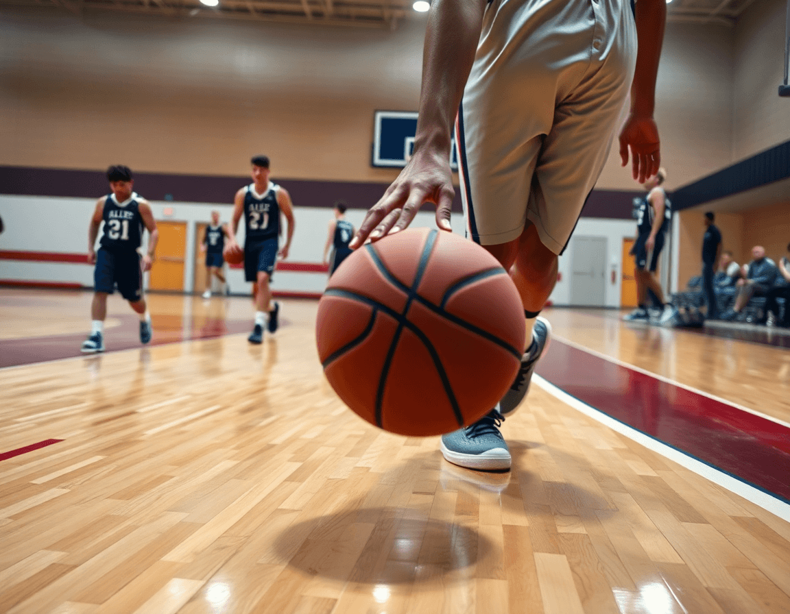 Contre attaque basket exercice: gros plan sur les mains et le ballon pendant la progression.