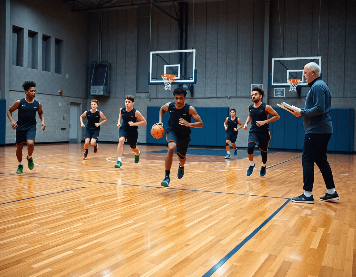 Contre attaque basket exercice: vue d'ensemble du exercice rapide sur le terrain de basket.