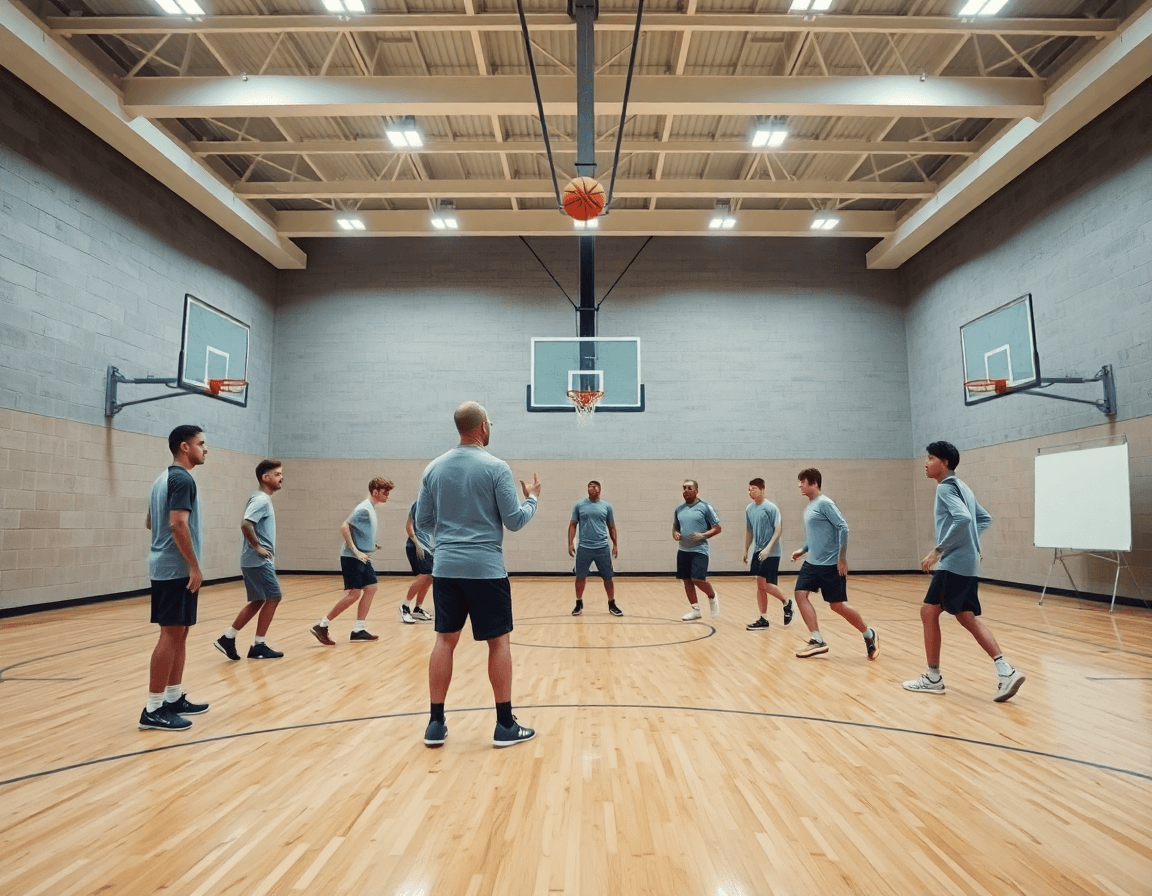 Contre attaque basket exercice: coach sur le bord du parquet guide les joueurs pendant l'exercice.
