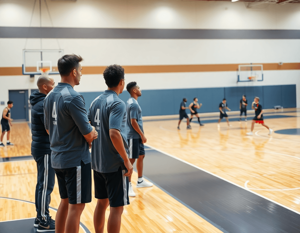 Plan serré sur le coach expliquant la contre-attaque basketball avec des joueurs en entraînement.