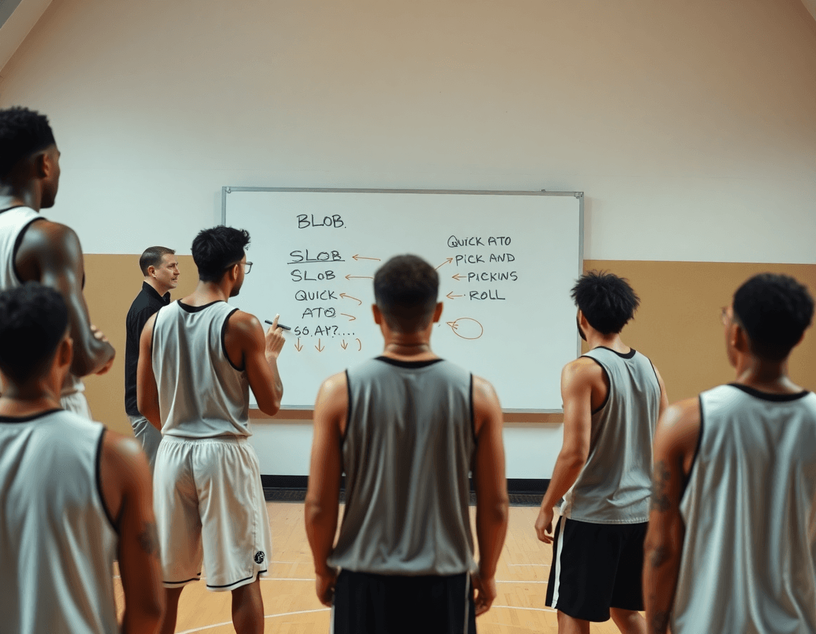 Plan serré sur le tableau blanc montrant BLOB et SLOB, avec ATO et PnR, dans une séance basketball.