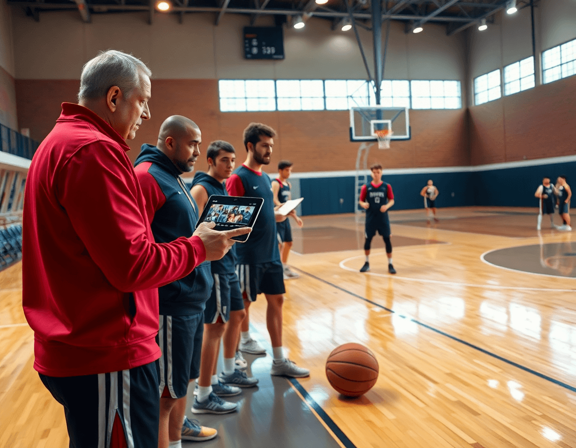 Plan rapproché sur l'équipe étudiant la contre-attaque basketball via une vidéo et des notes.