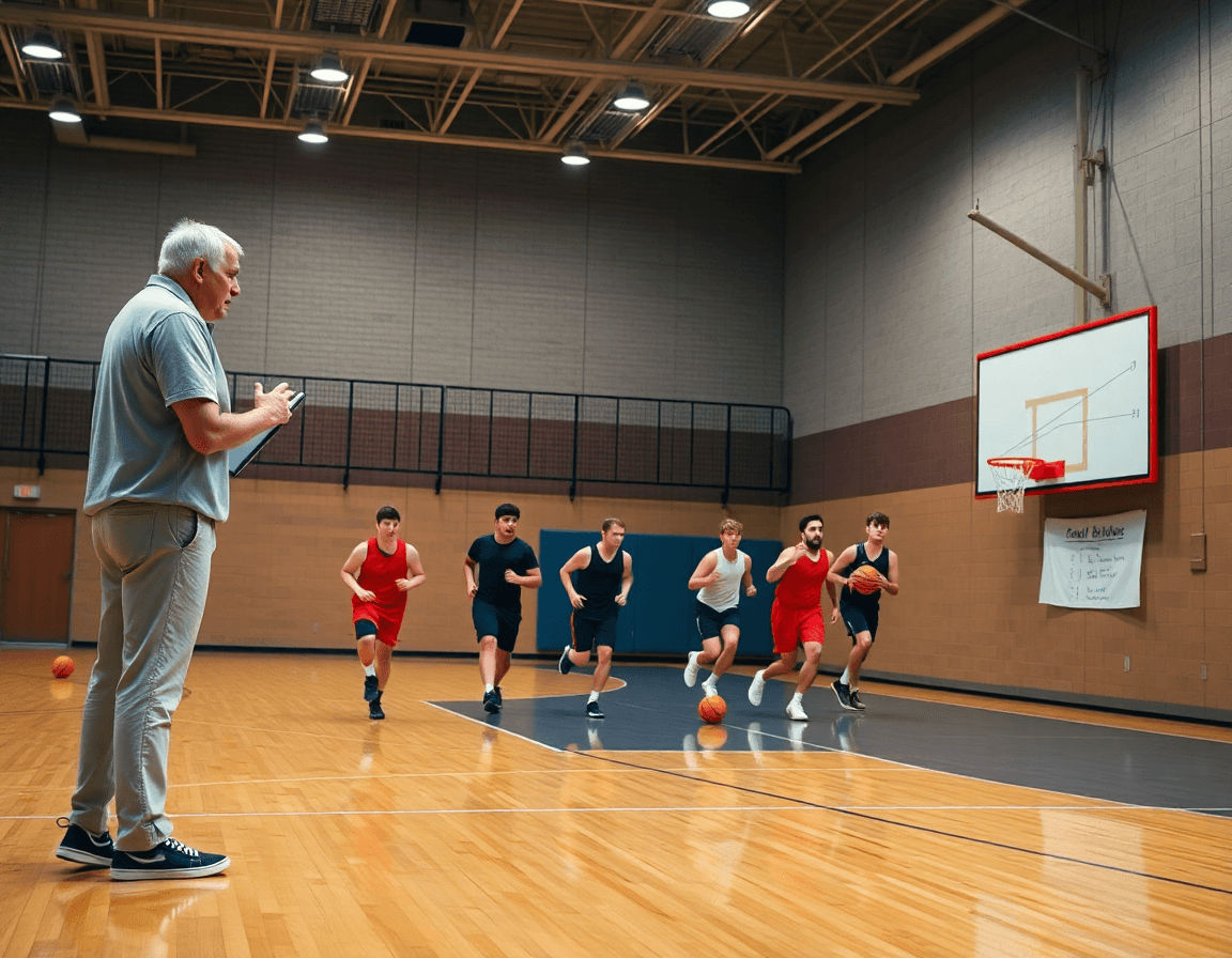Vue panoramique d'un entraînement de basketball avec l'entraîneur et l'équipe sur le terrain.