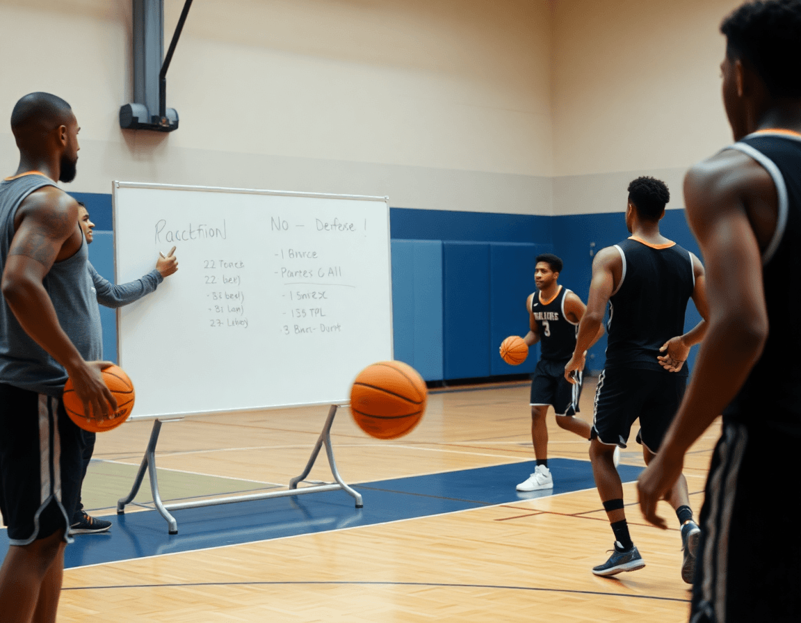 Plan moyen sur l'entraîneur dessinant une defense basket sur le tableau blanc pendant que les joueurs font courir le ballon orange.