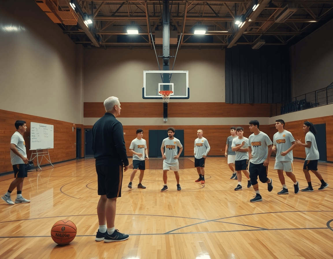 Vue large sur un gymnase de basketball; l'entraîneur dirige la defense basket sur le parquet.