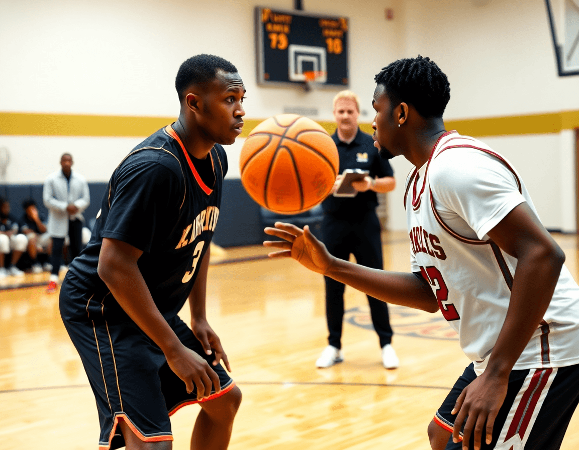 Plan rapproché sur deux joueurs de basketball en défense dans un defense basketball drill guidés par le coach.