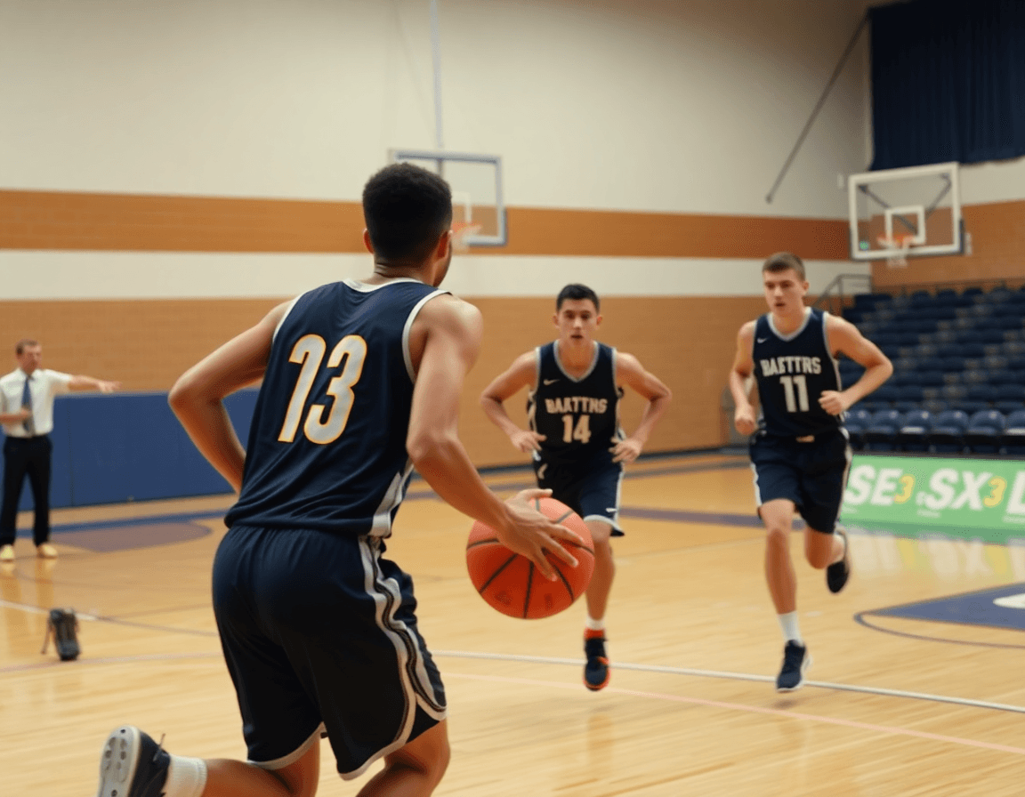 Trois joueurs se précipitent dans un fast-break defense basketball drill près du milieu; coach signale.