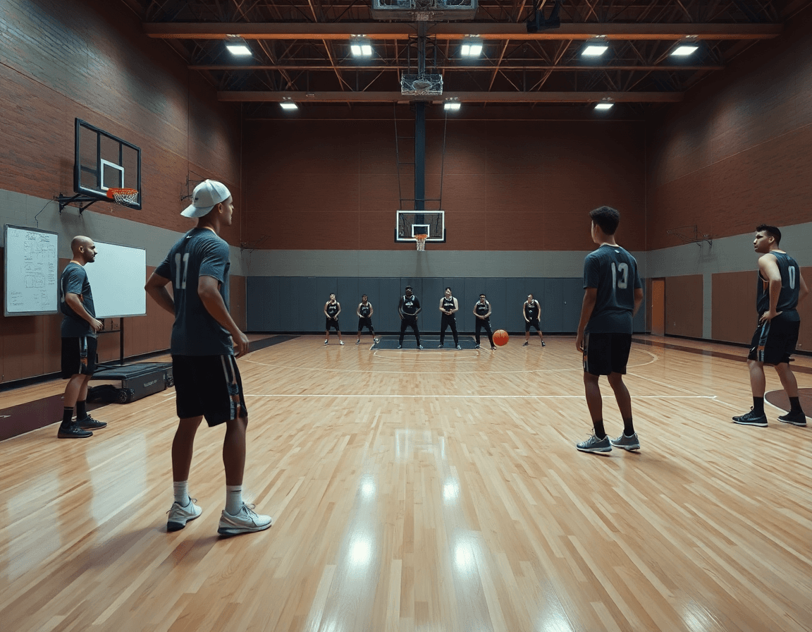 Vue d'ensemble en salle: defense basketball drill en action avec entraîneur et équipe.