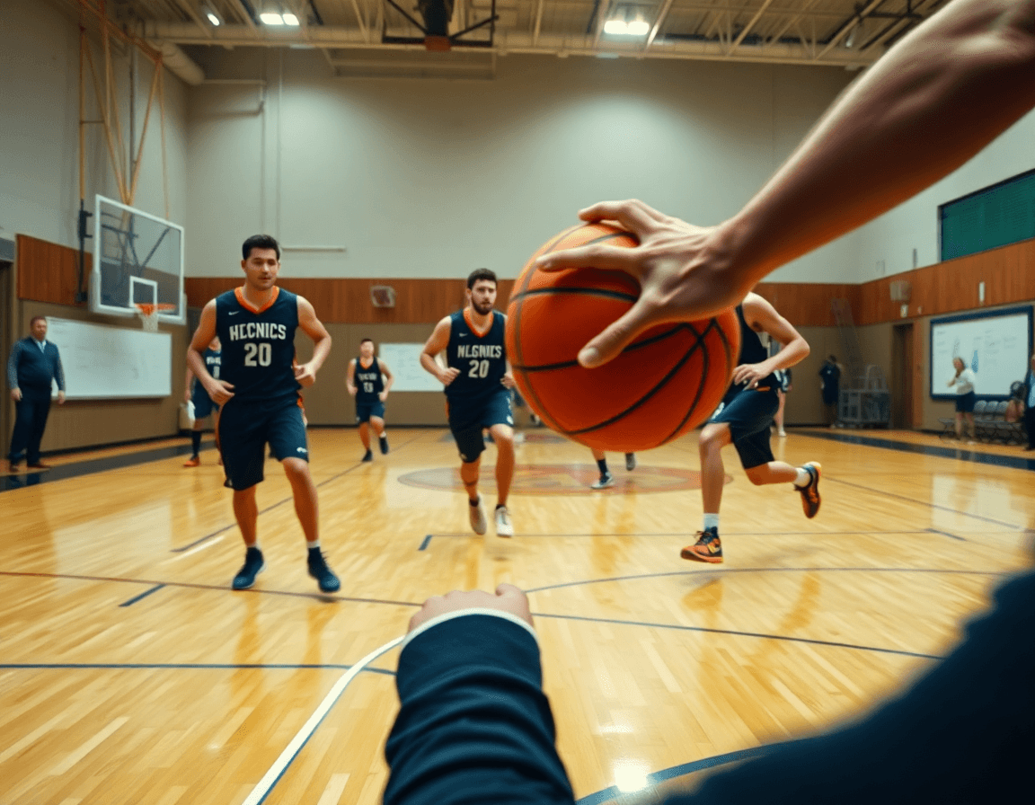 Gros plan sur les mains tenant un basketball orange; le coach lit defense basketball quotes sur le tableau.