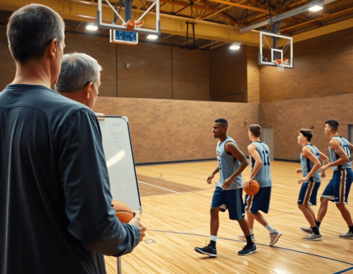 Plan latéral: coach et joueurs exécutent une défense pratique sur le basketball avec le tableau.