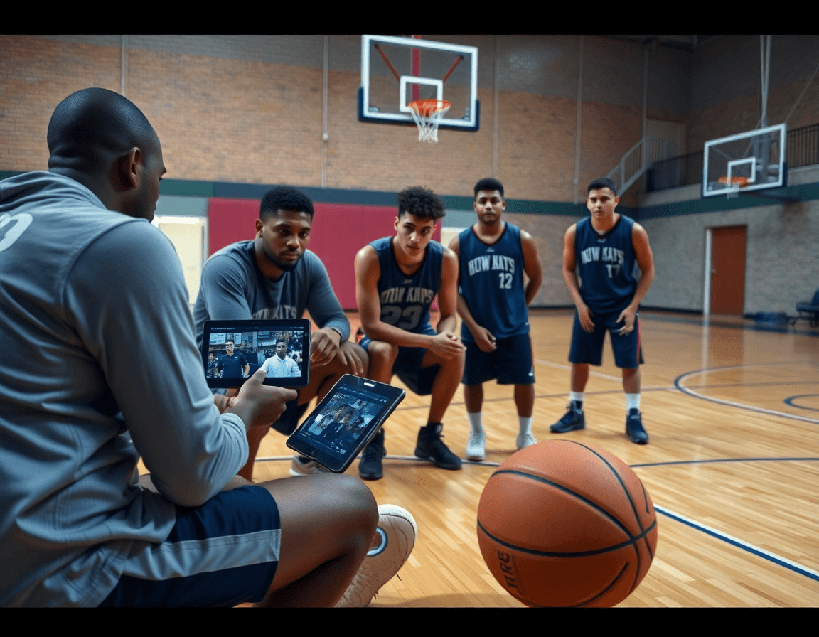 Après l'entraînement, l'équipe consulte defense basketball quotes sur une tablette près du basketball court.