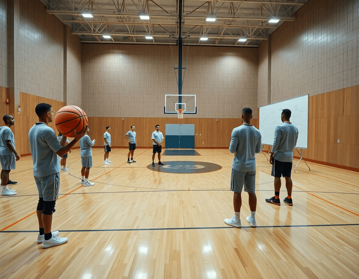 Gros plan sur les mains tenant un basketball orange; le coach lit defense basketball quotes sur le tableau.