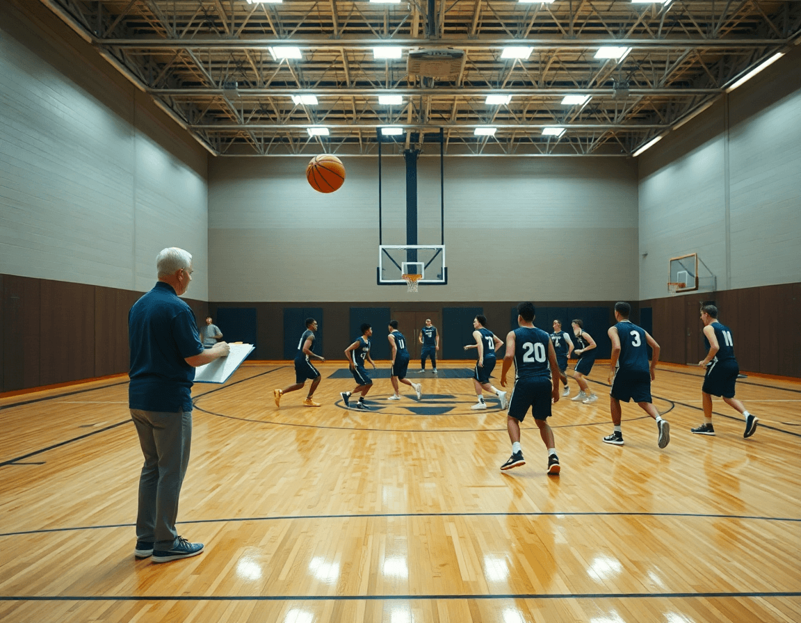 défense de zone basket, entraîneur et joueurs sur le terrain pendant l'entraînement.