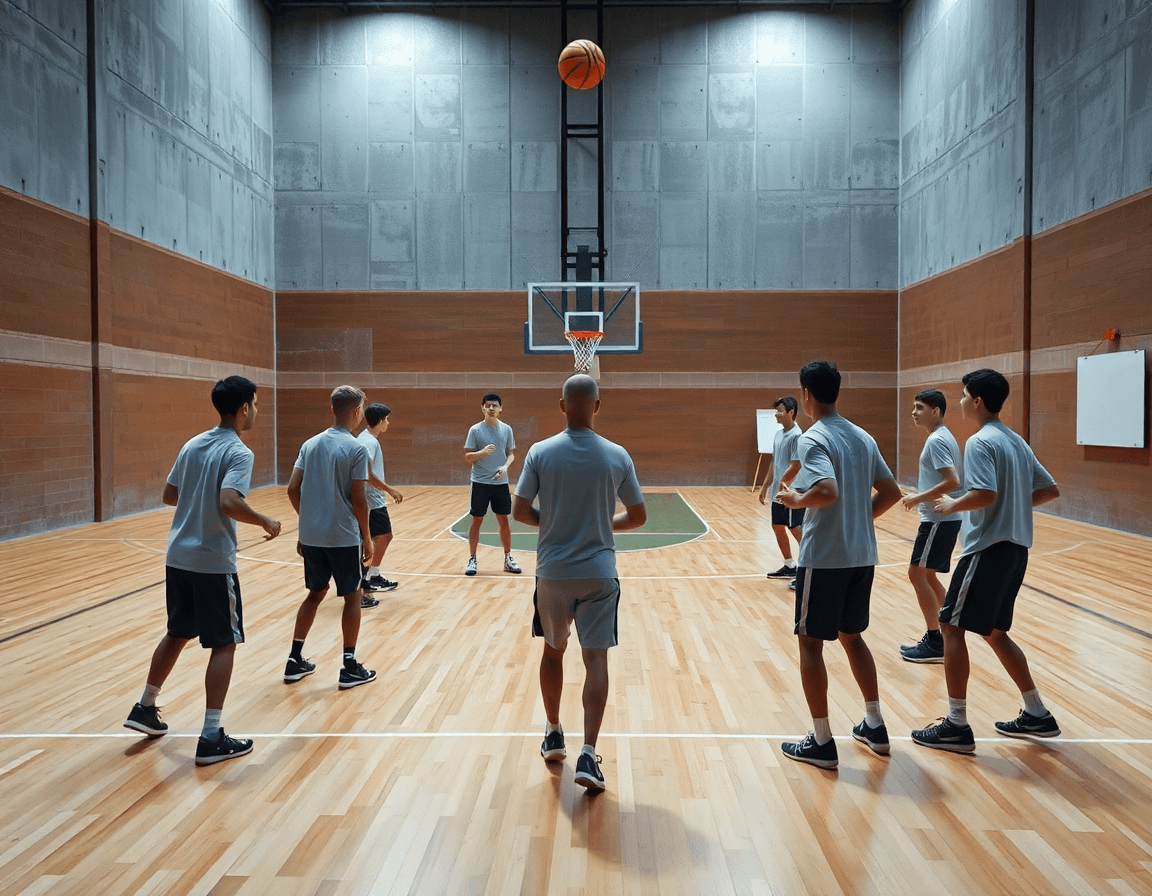 Vue héroïque d'une défense de zone basket u15 en action dans un gymnase lumineux.