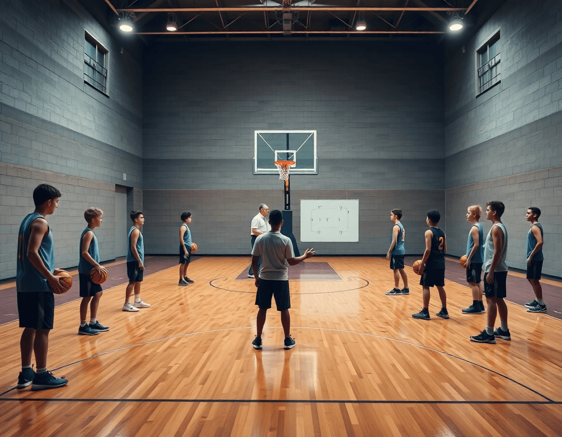 Grande scène de basket U13: défense en zone basket u13 expliquée par le coach devant un tableau.
