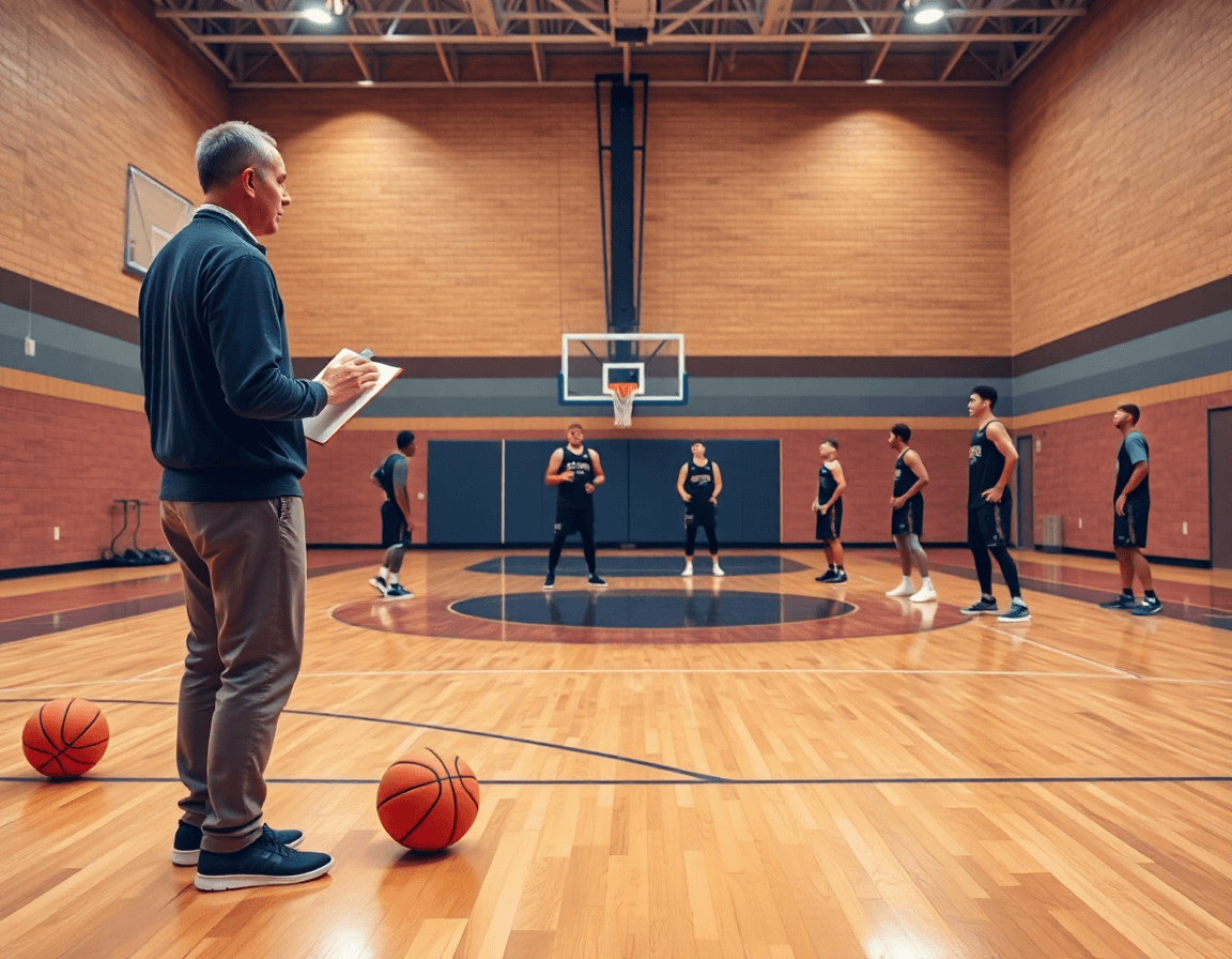 Vue large d'un entraînement de défense individuelle basket exercices sur le terrain de basketball.
