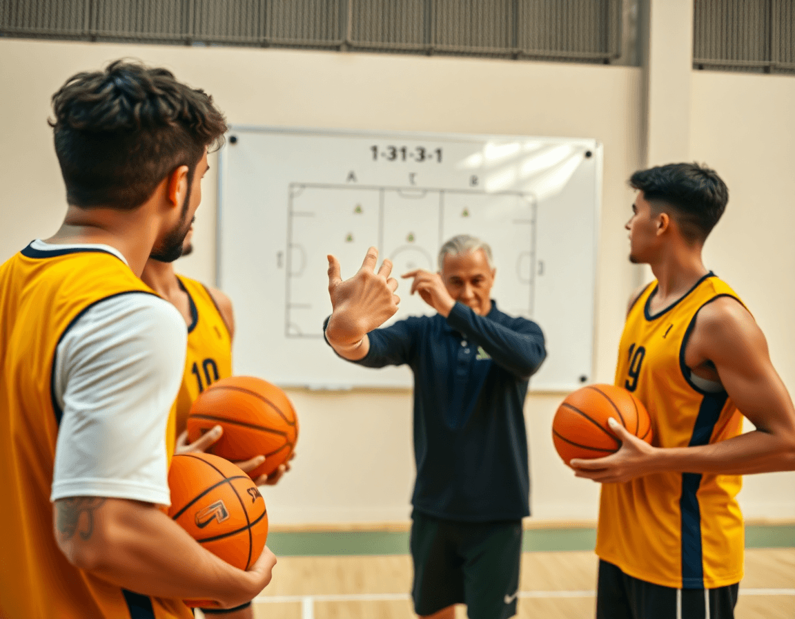 Plan rapproché sur les mains du coach montrant le 1-3-1 sur le tableau tactique et un ballon orange.