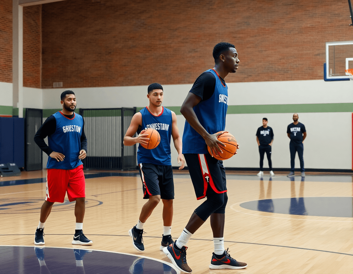 Deux joueurs en tenue de basket pratiquent le mouvement dans le 1-3-1 près de la ligne.