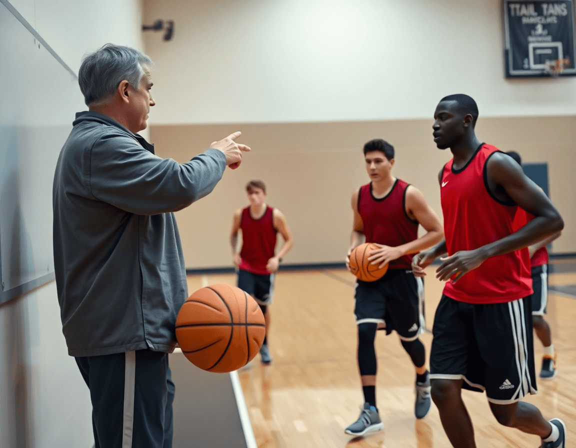 Plan sur le coach pointant le tableau tandis que les joueurs basket s'entraînent sur le sol en bois.