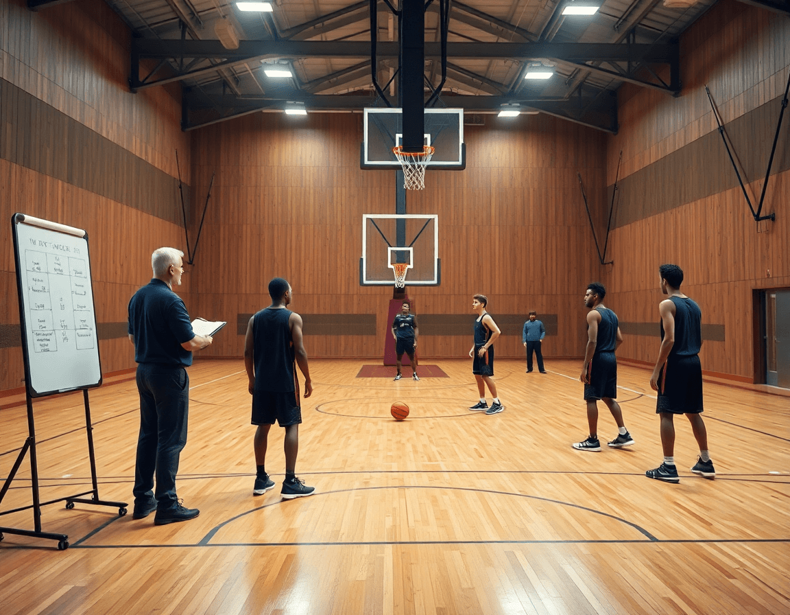 Vue d'ensemble d'un gymnase de basket avec coach et défense de zone basket 1 3 1 en pratique.