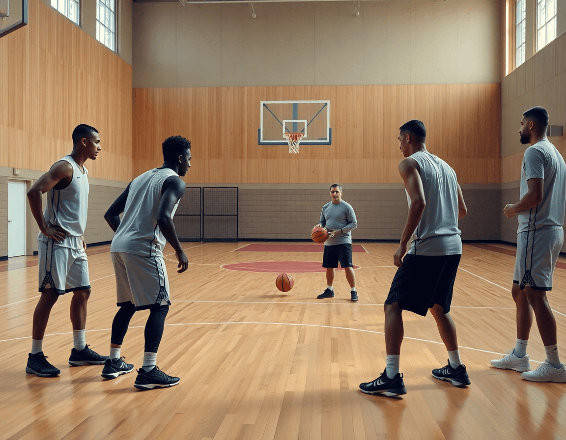 Plan serré sur cinq joueurs en défense de zone basketball 3 2 sur le terrain en bois.