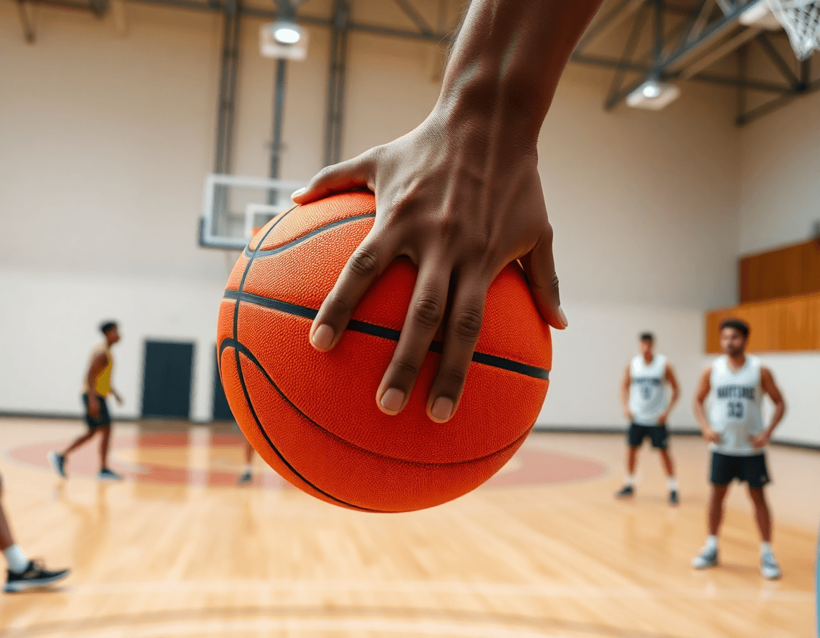 Plan serré sur les mains tenant une balle orange pendant une défense de zone basketball 3 2 dans une salle lumineuse.