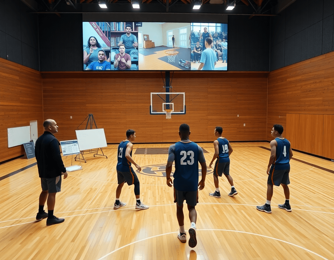 Plan large dans une salle de basketball; coach et joueurs analysent défense de zone basketball 3 2 sur écran.