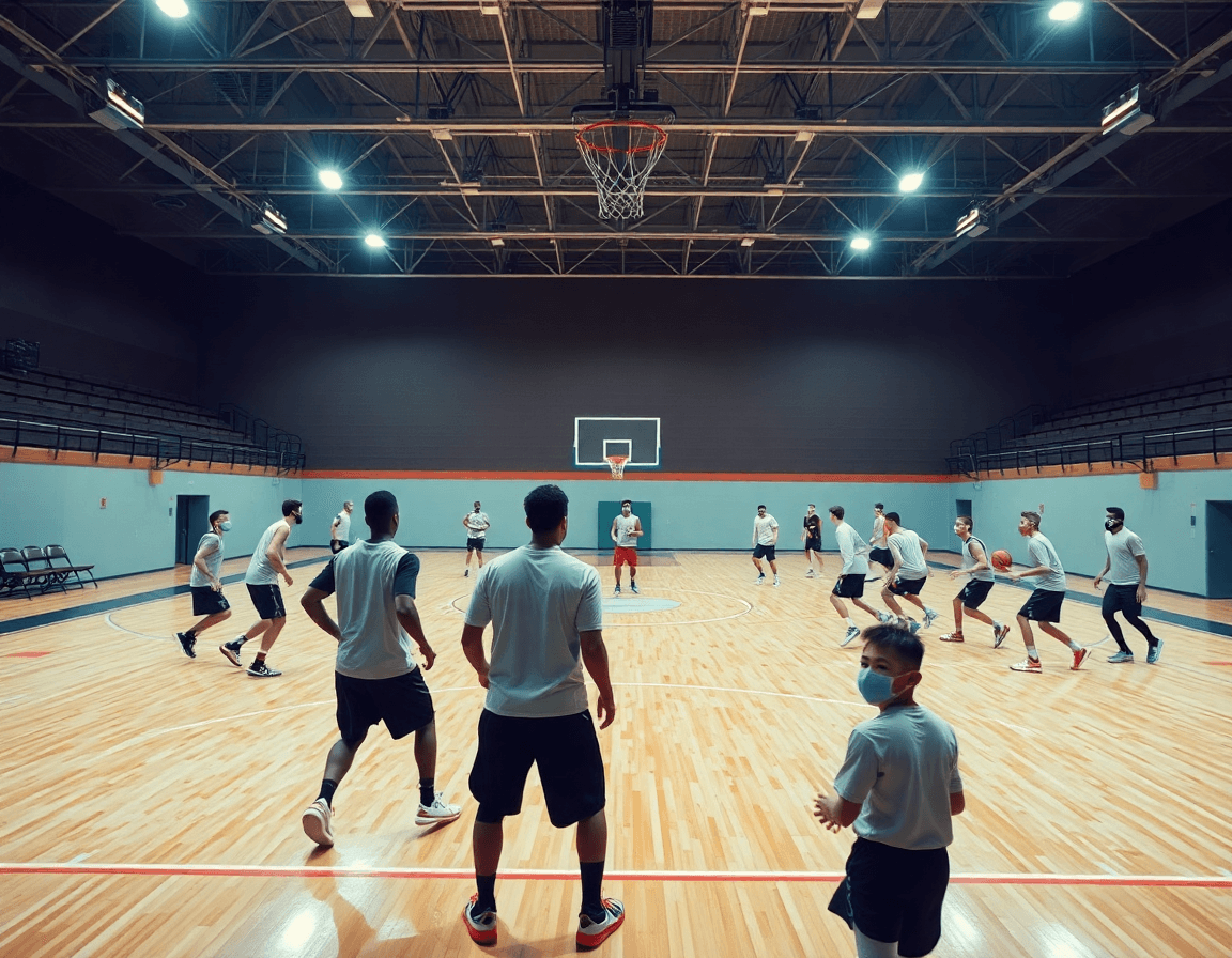Vue d'ensemble d'un entraînement ecran basket u15 sur le court, intensité et mouvement.