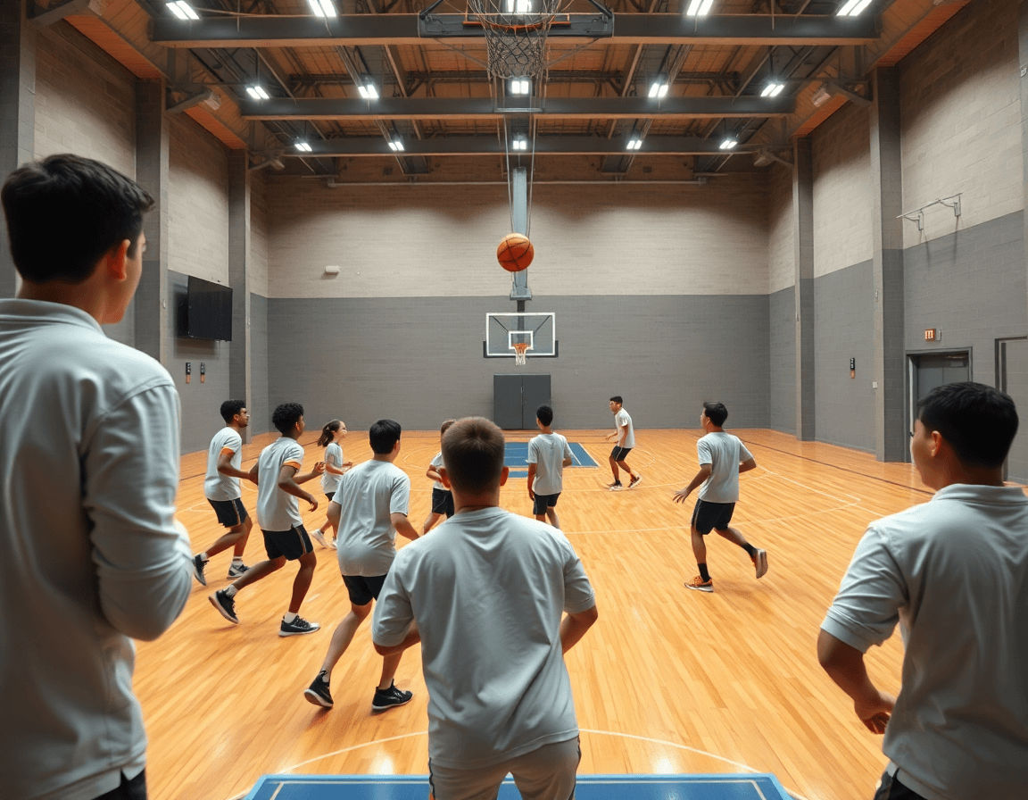 Plan large d'un ecran basket u15 en salle, coach et joueurs en pratique.