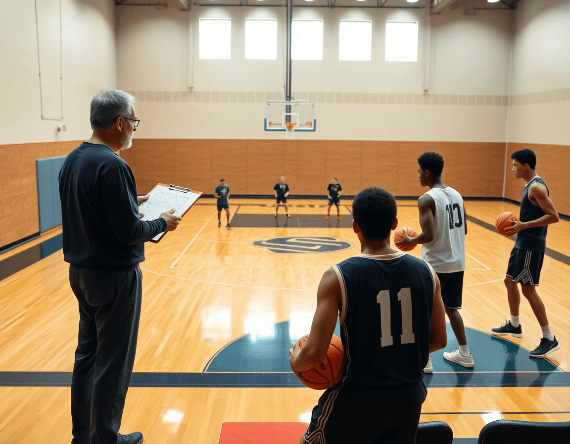 Plan serré sur un entrainement basket attaque de zone: coach et joueurs en action.