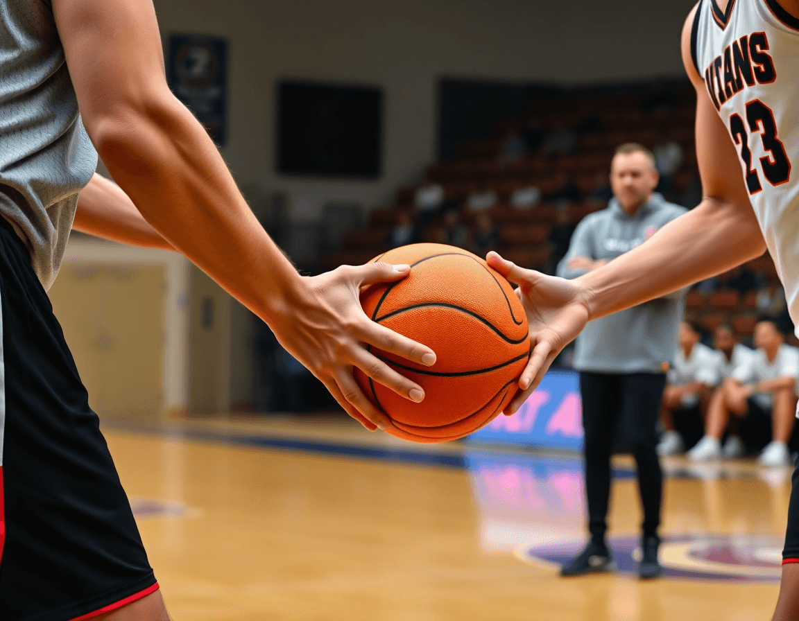 Gros plan sur les mains et le ballon dans un entrainement basket attaque de zone, échanges rapides.