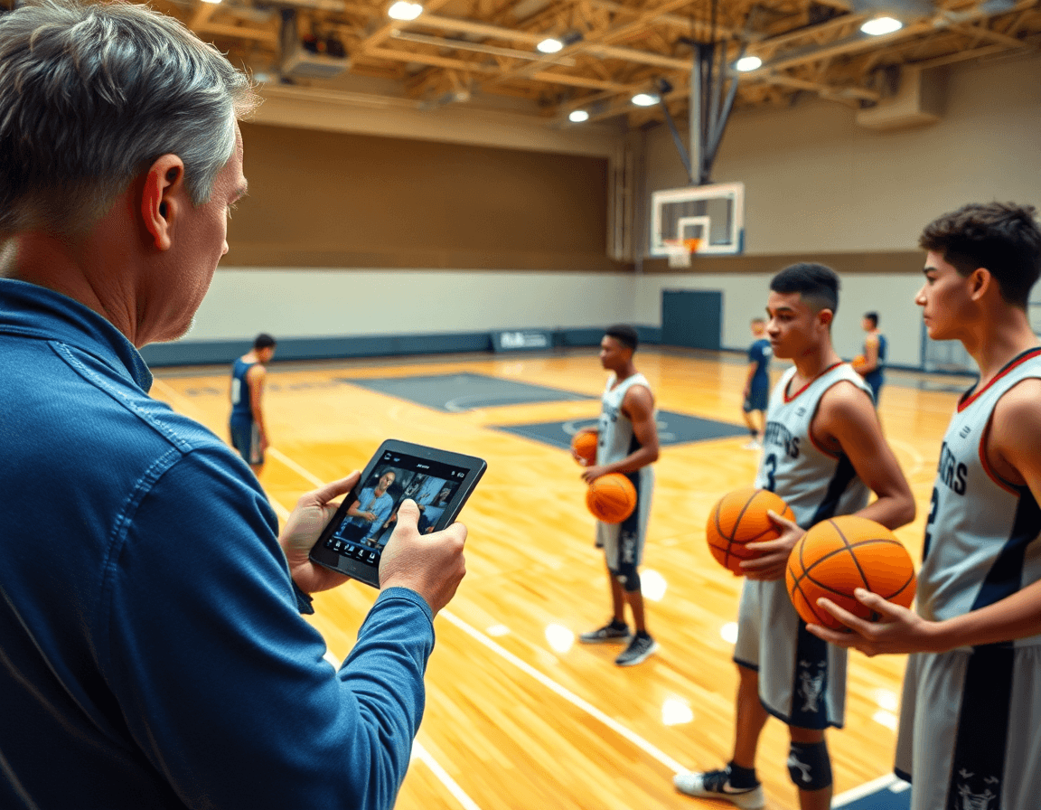 Plan serré sur le coach regardant des clips vidéo sur une tablette pendant l'entraînement basket attaque de zone.