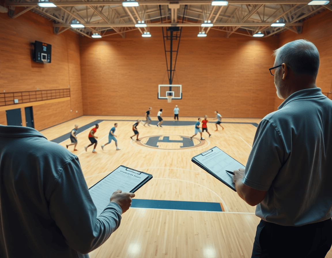 Plan d'ensemble: entrainement basket attaque de zone en gymnase; le coach dirige une équipe concentrée.