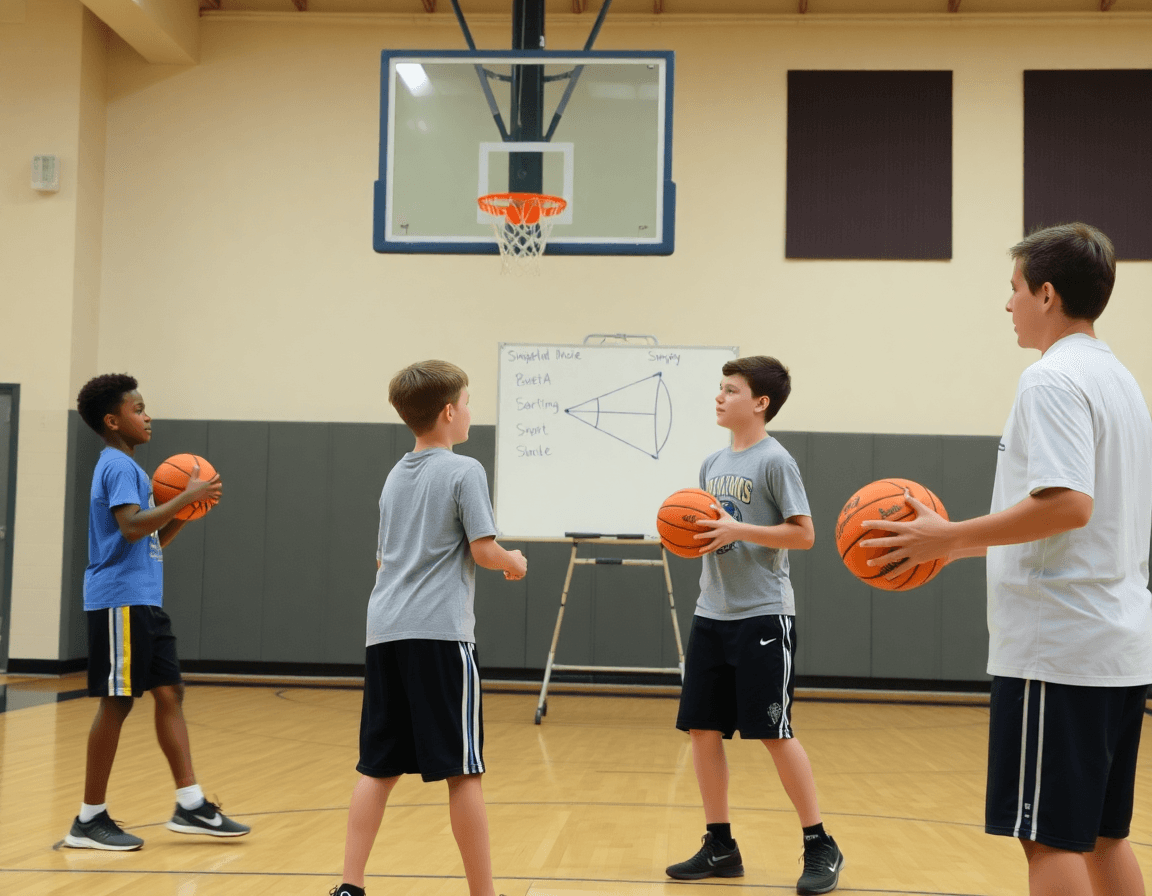 Plan serré d'entrainement basket baby avec deux jeunes joueurs, dribble et passe près de la clé.