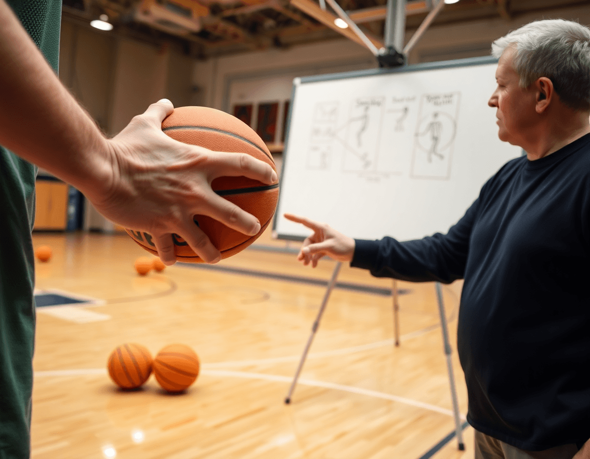 Plan serré sur les mains d'un joueur tenant une balle; coach montre une passe simple en basketball.
