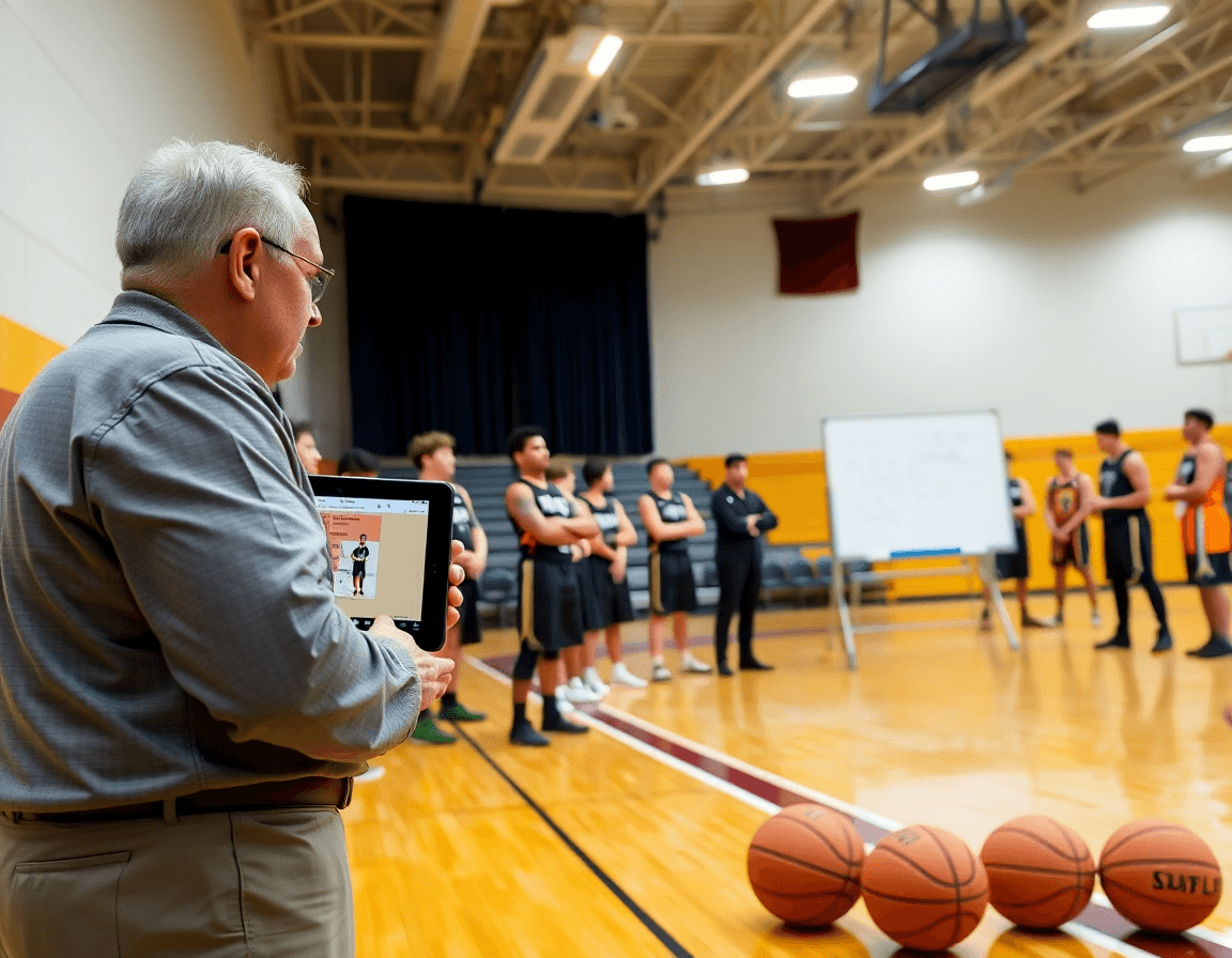 Plan serré sur la tablette montrant un clip de basketball, coach et joueurs autour du tableau.